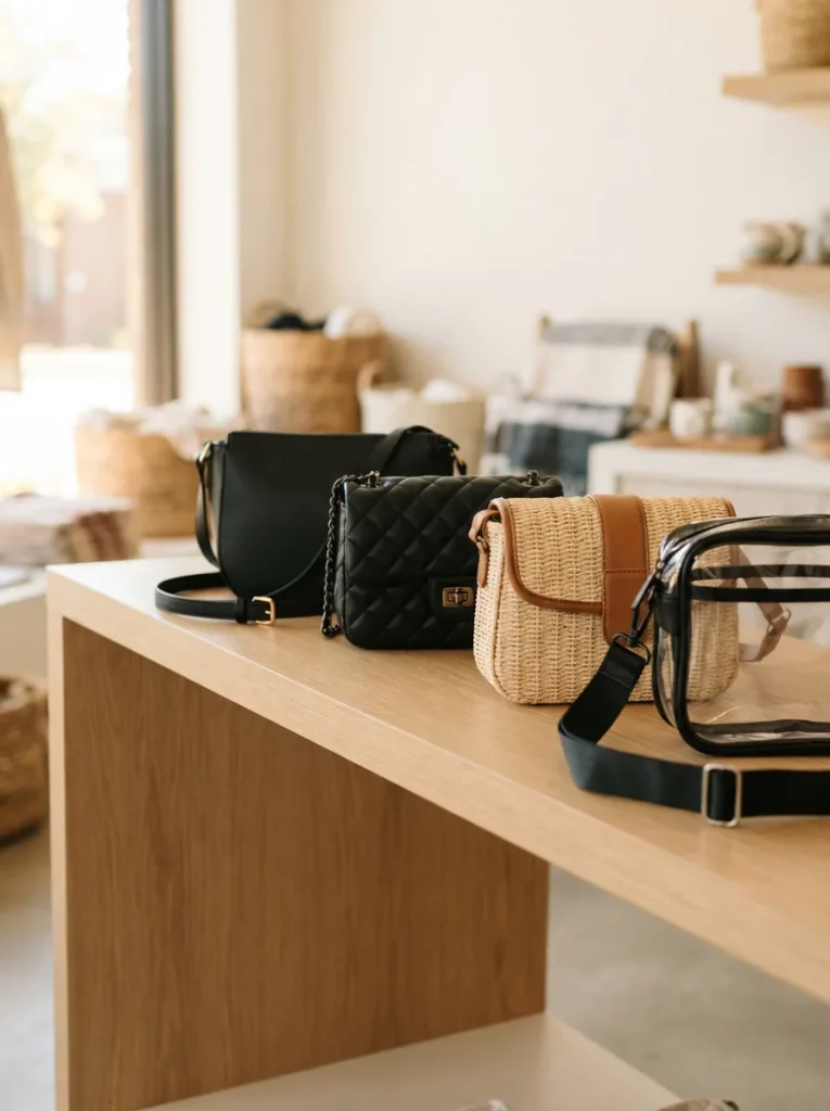 Assortment of crossbody bags in black leather, quilted texture, woven straw and clear panels arranged on a light retail shelf.