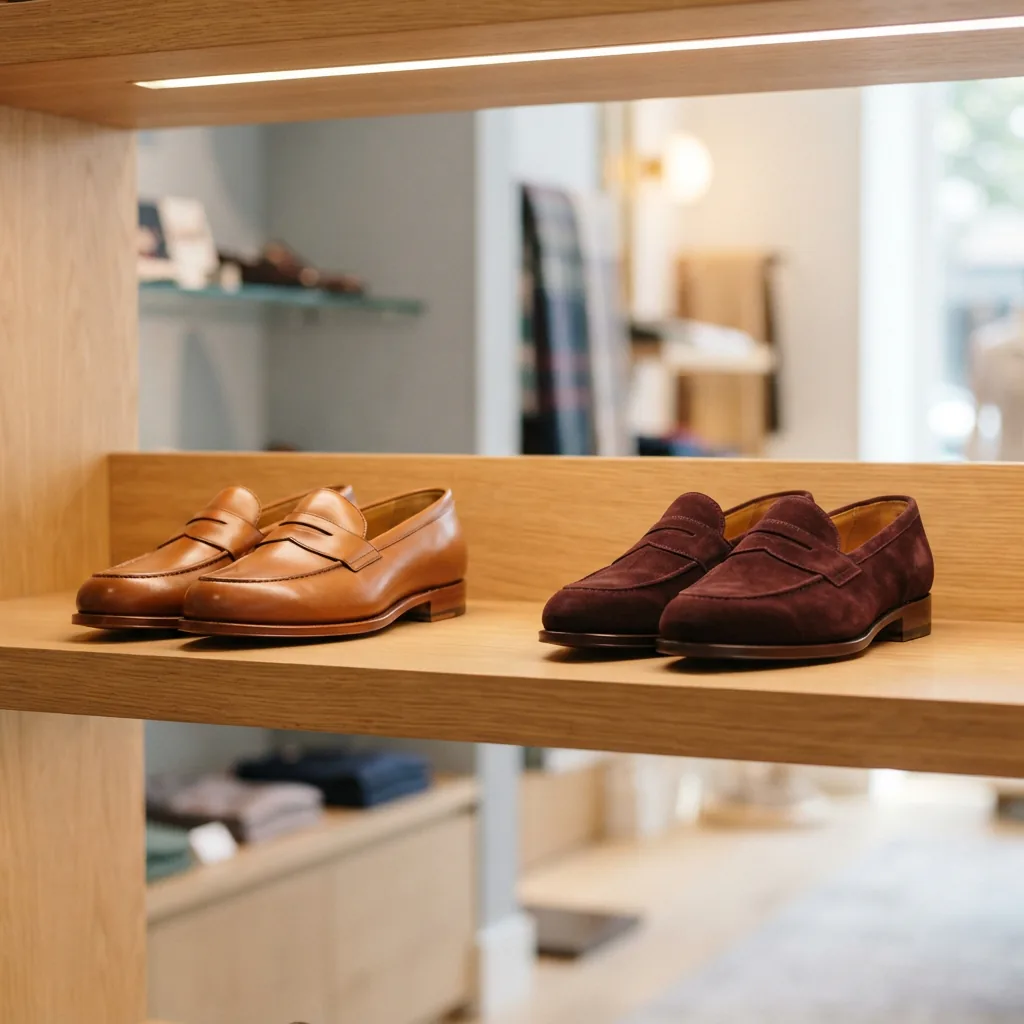 Two pairs of loafers displayed on a bright retail shelf with a warm wood riser and spotlighting