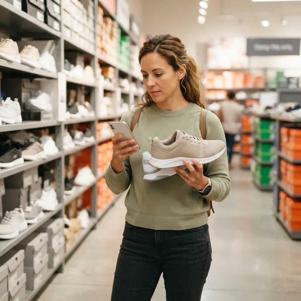 A shopper comparing two athletic shoe options while holding a smartphone showing a shopping app