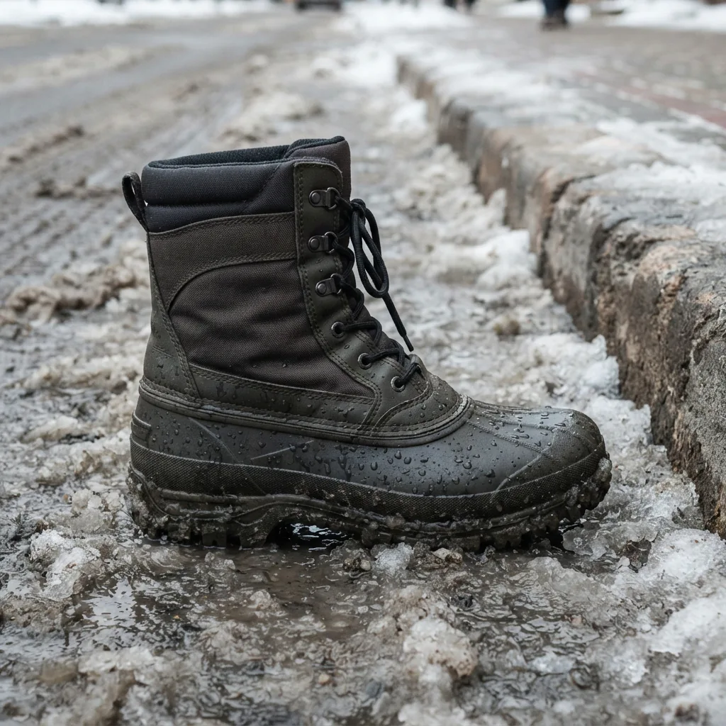 Waterproof winter boot resting at the edge of grey street slush