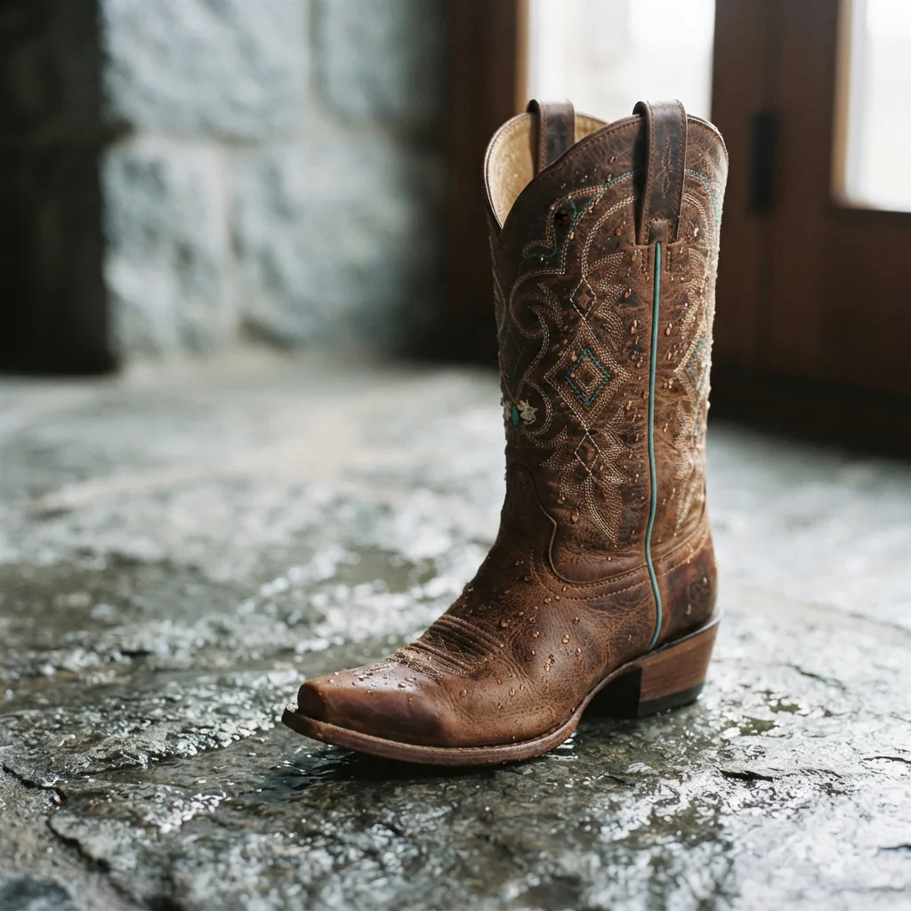 Western boot beside water droplets on a stone surface showing weather resistance