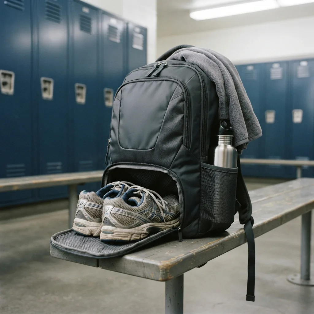 An athletic backpack with an open ventilated shoe compartment on a locker room bench