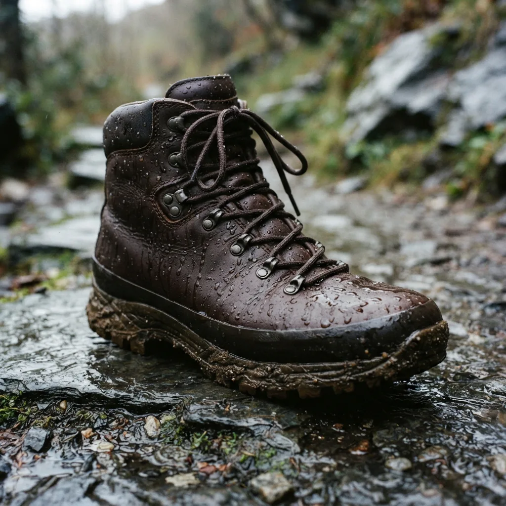 Men's waterproof boot with water droplets on its upper standing on wet slate