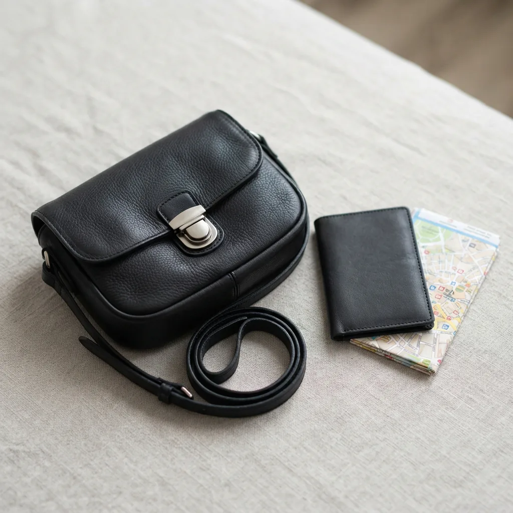 Compact crossbody bag with travel essentials arranged beside it on a light neutral surface