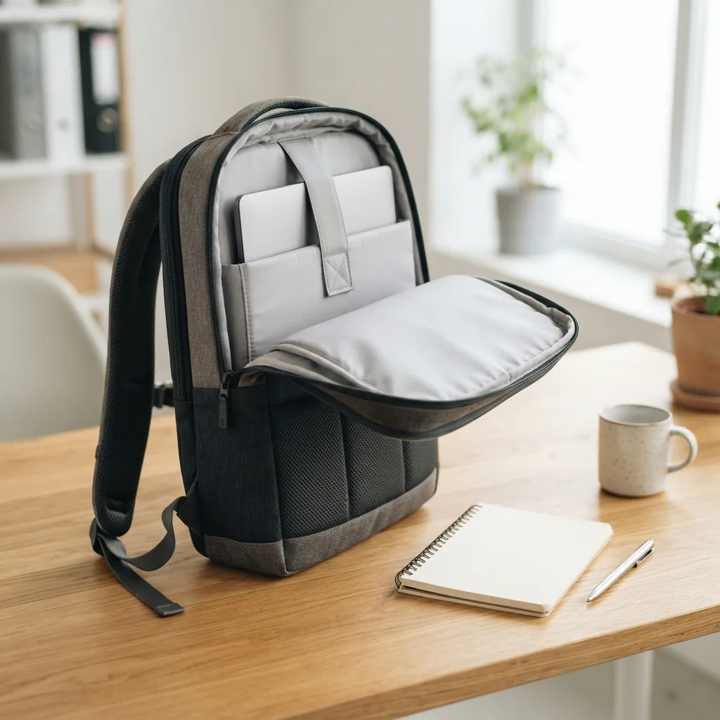 A padded laptop sleeve inside an open backpack resting on an office desk beside a closed laptop