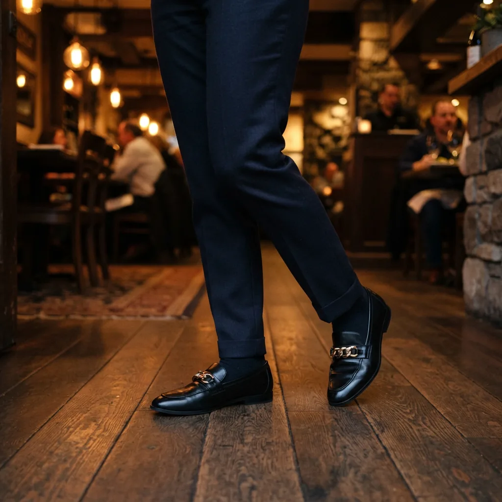 One adult woman standing in a restaurant entryway wearing chain-detail loafers, cropped at mid-calf