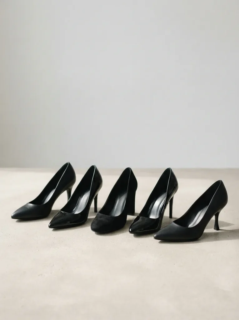 Assorted black high-heel pumps arranged on a light gray studio surface