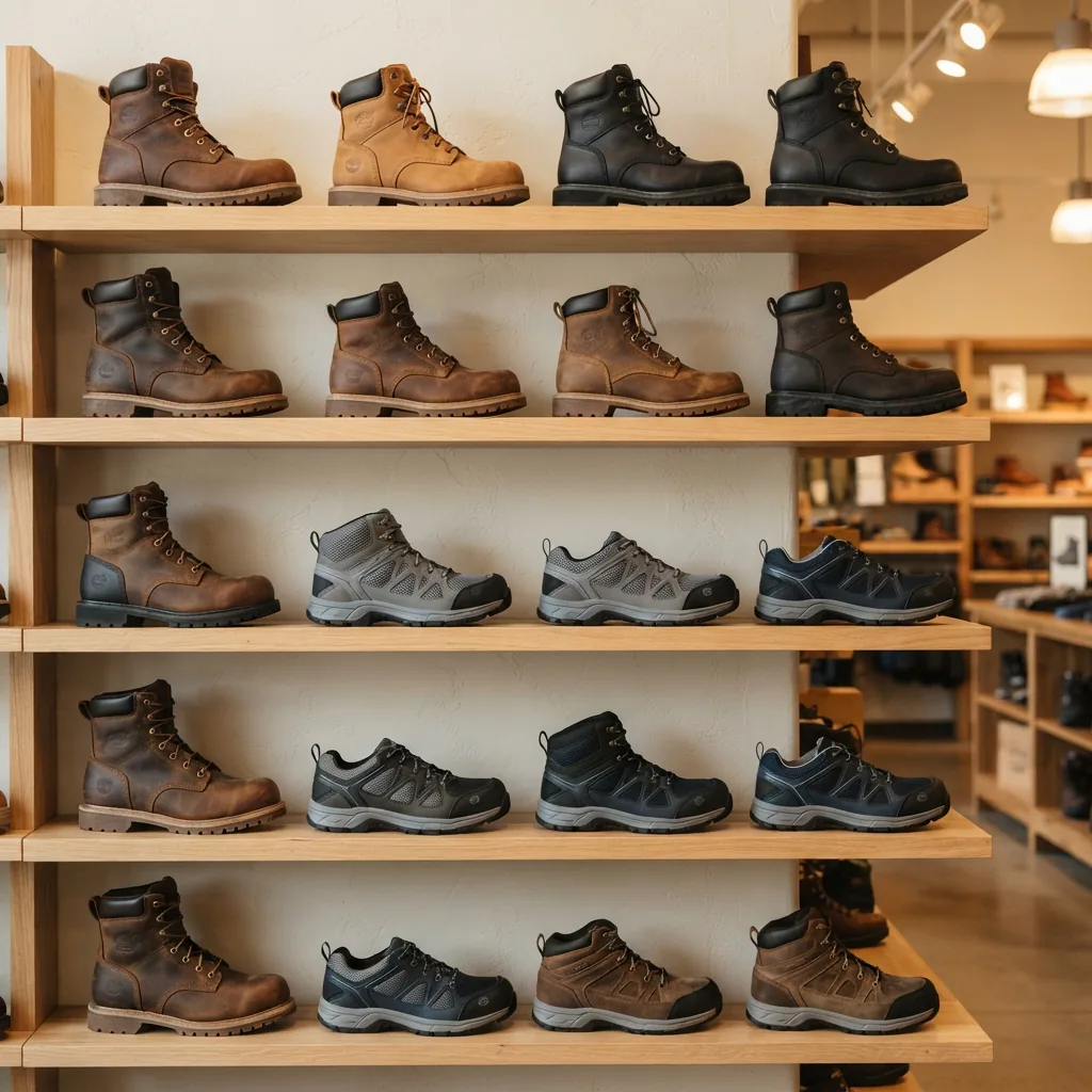 Work boots and work sneakers arranged at different heights on simple wooden shelves