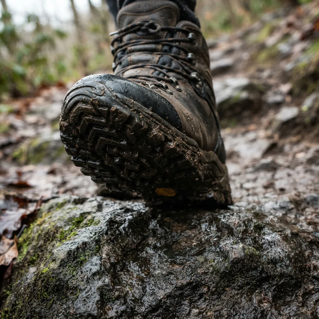 Rubber outsole tread of a hiking boot pressed against wet rocky ground