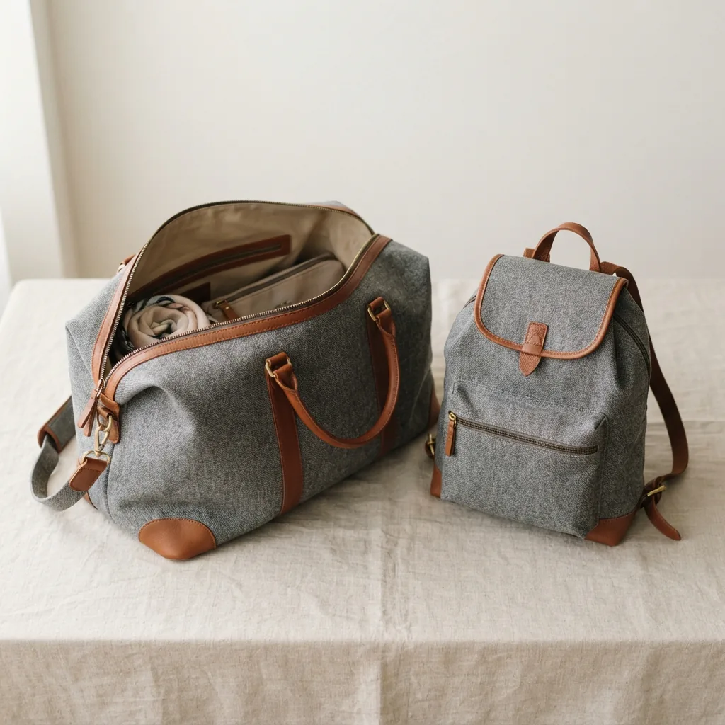 Soft oversized weekender bag beside a compact structured backpack on a light neutral studio surface