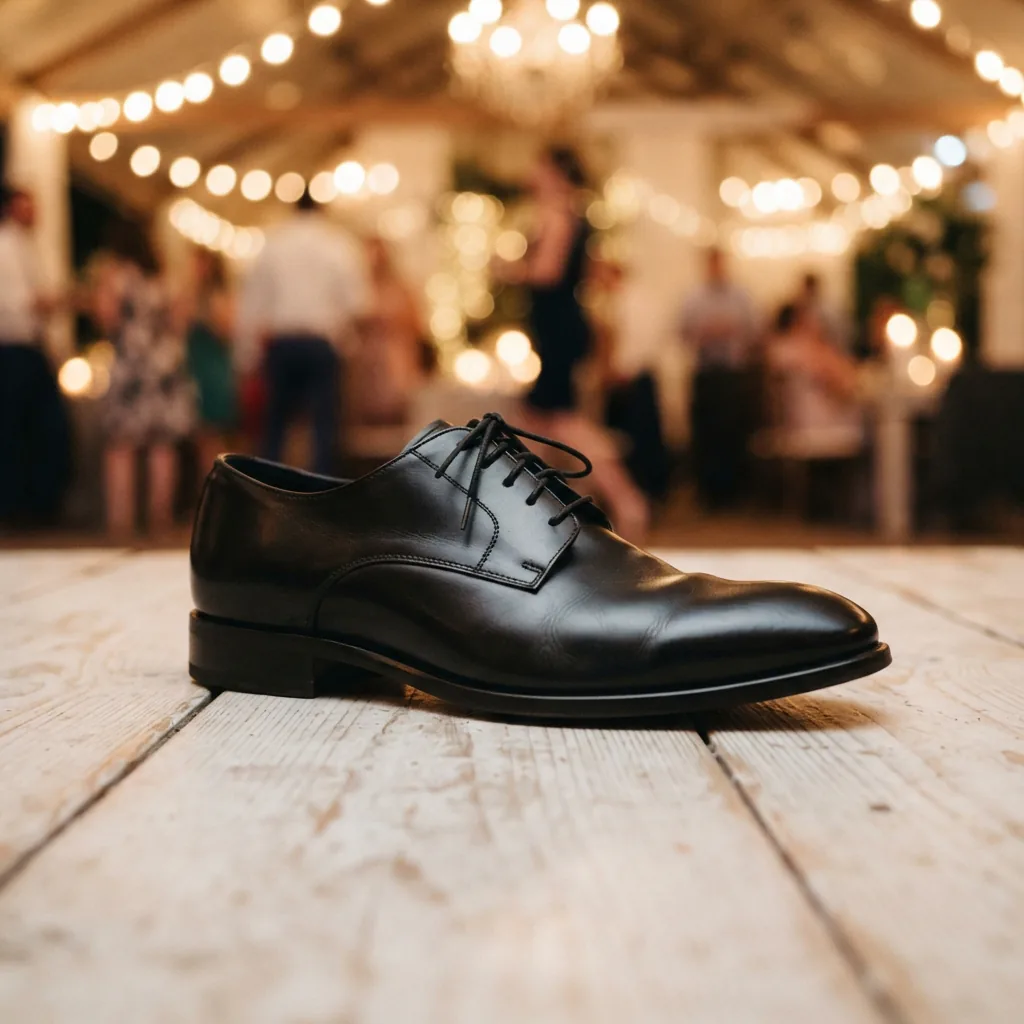 Black dress shoe on a light surface at a wedding reception setting