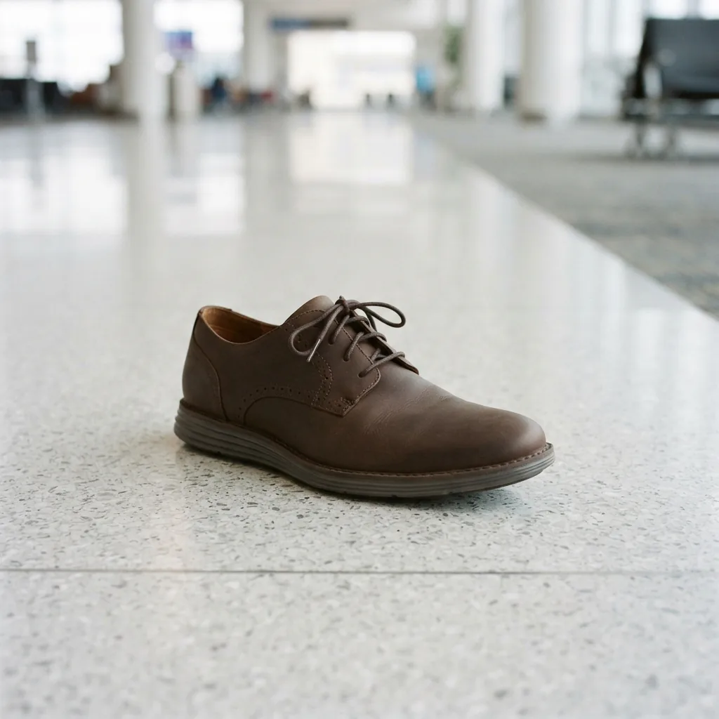 Comfort-oriented dress shoe on an airport walkway in daylight