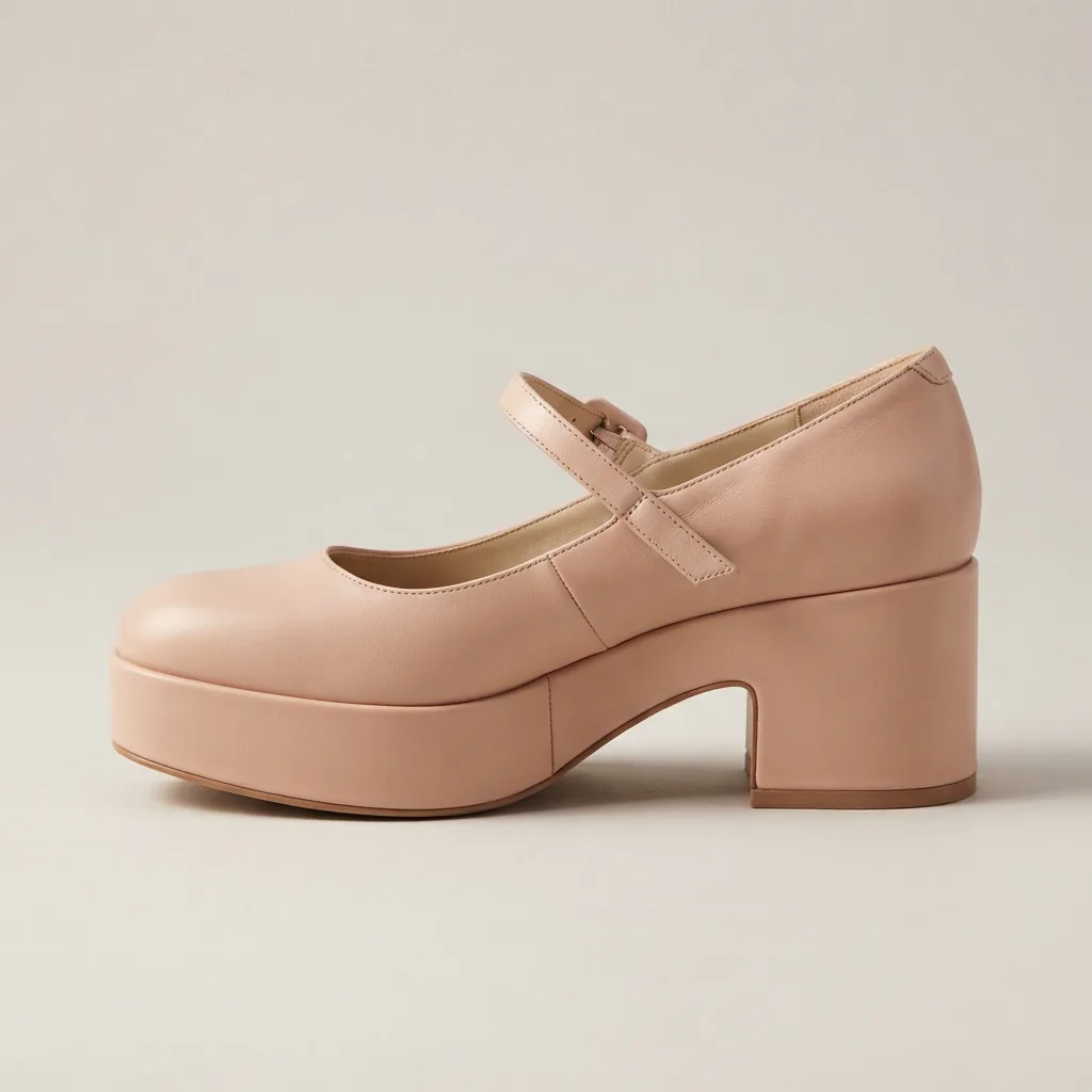 Women's Mary Jane platform shoe with an instep strap, side view on a pale background