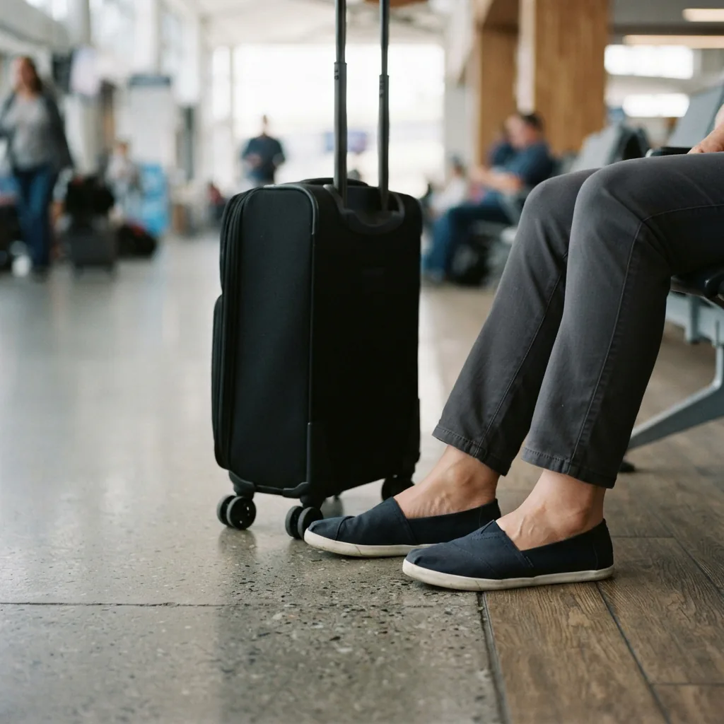 An adult's feet in simple slip-on flats resting beside a rolling suitcase in an airport terminal