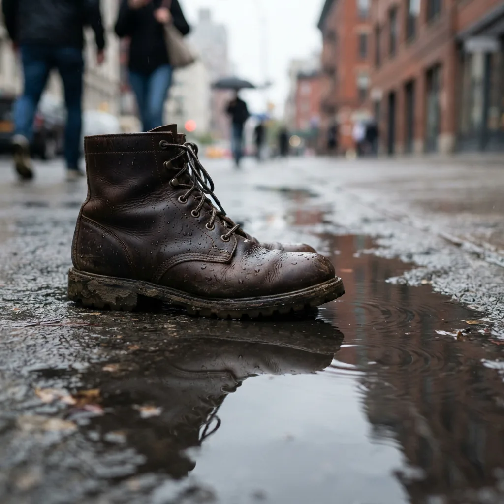 Men's waterproof lace-up boot beside a shallow puddle on a wet city sidewalk