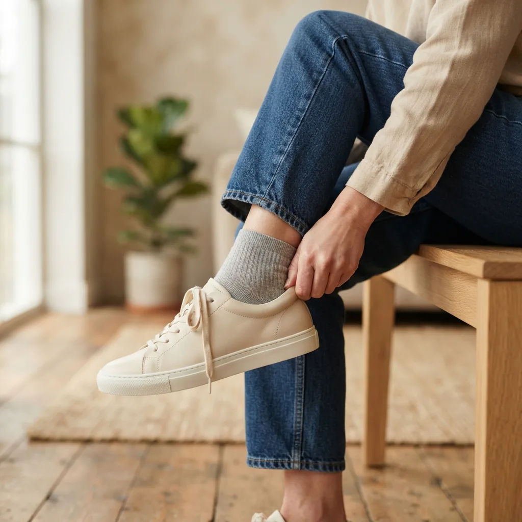 Woman sliding her foot into a low-top women's sneaker while seated on a bench