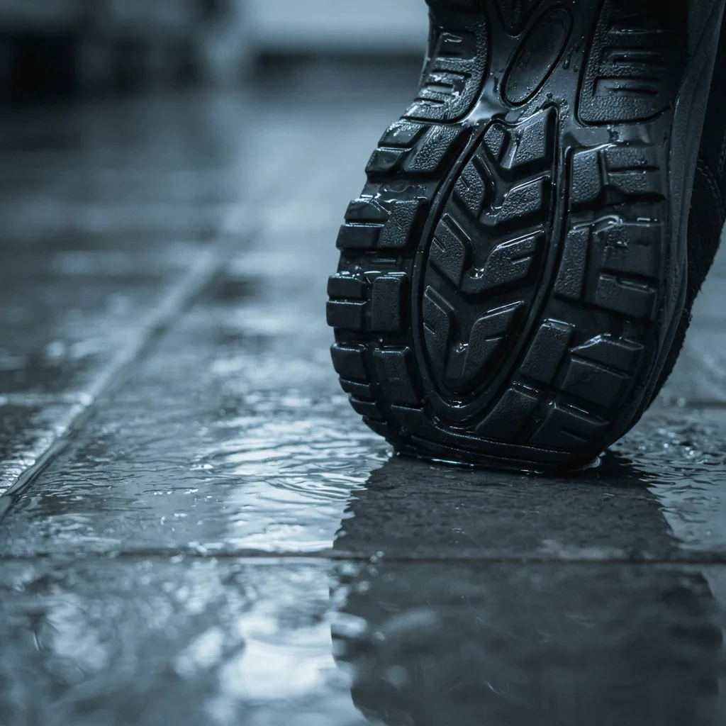 Close view of a work sneaker outsole tread pressed against a wet tile floor