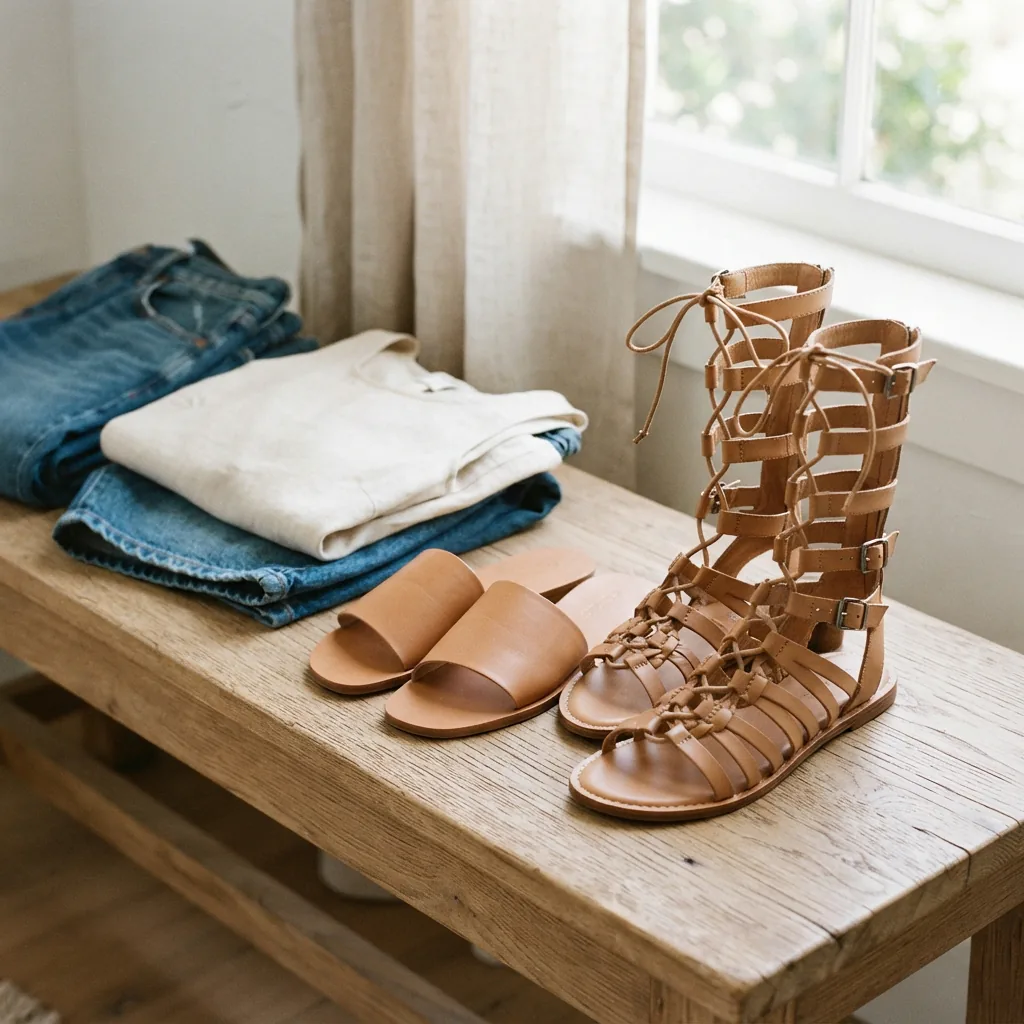 Simple slide sandal and lace-up gladiator sandal displayed with denim and a summer dress