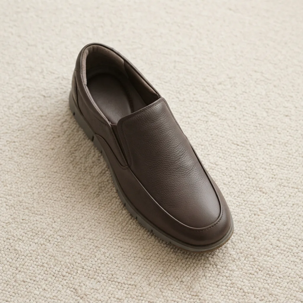 Cushioned slip-on dress shoe photographed from above on a light carpet