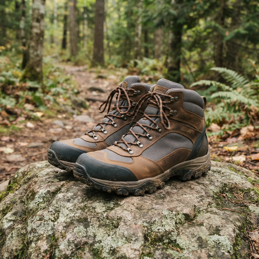 Pair of brown and gray waterproof hiking boots with toe bumpers resting on a trail rock