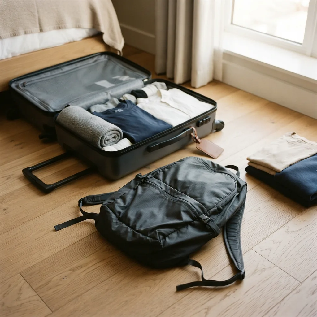 A foldable travel backpack partly packed beside an open suitcase on a hotel floor