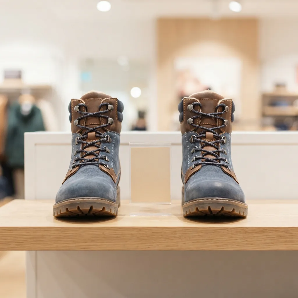 Two winter boots on a retail shelf with a plain price tag holder nearby