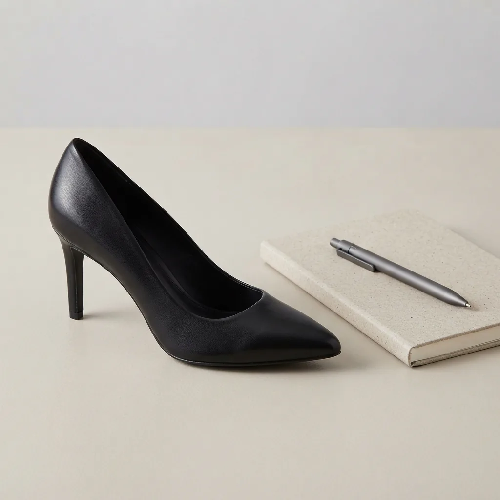 Black pump on a pale studio surface beside a paper planner and pen
