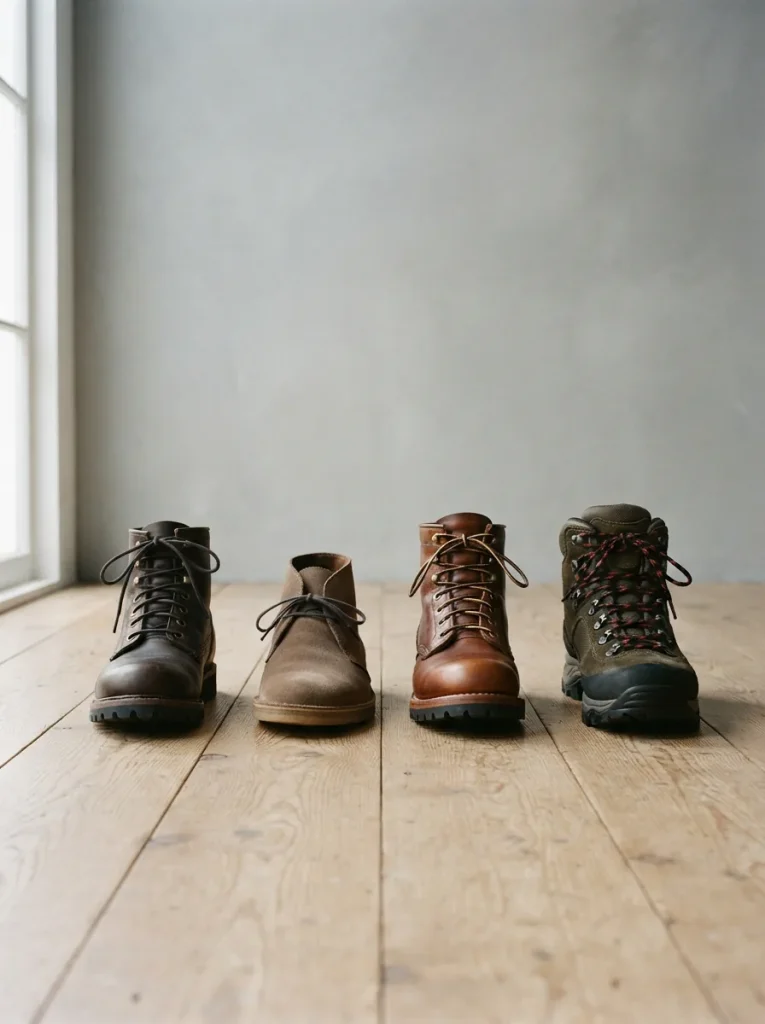 Row of men's boots including waterproof, chukka, work and hiking styles on a light wooden floor