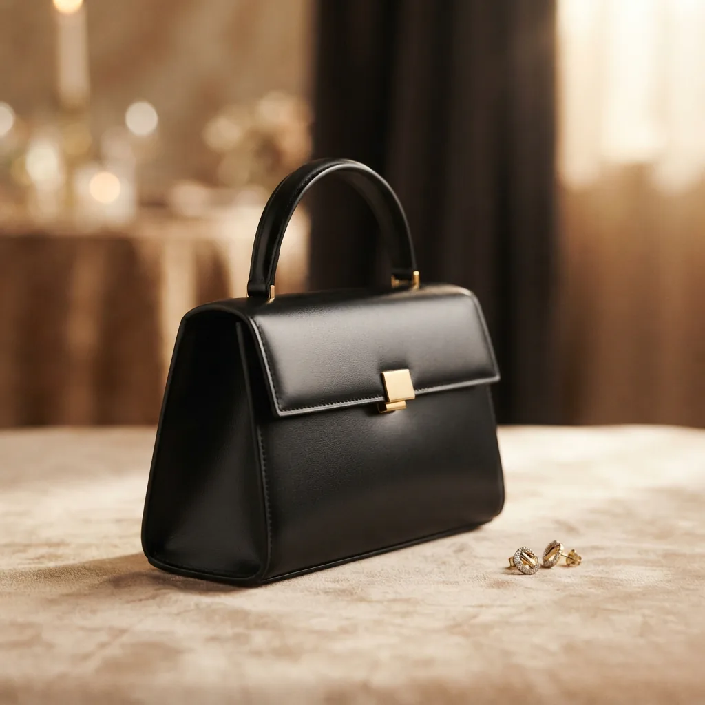 Refined evening handbag with a pair of earrings arranged beside it on a soft neutral surface