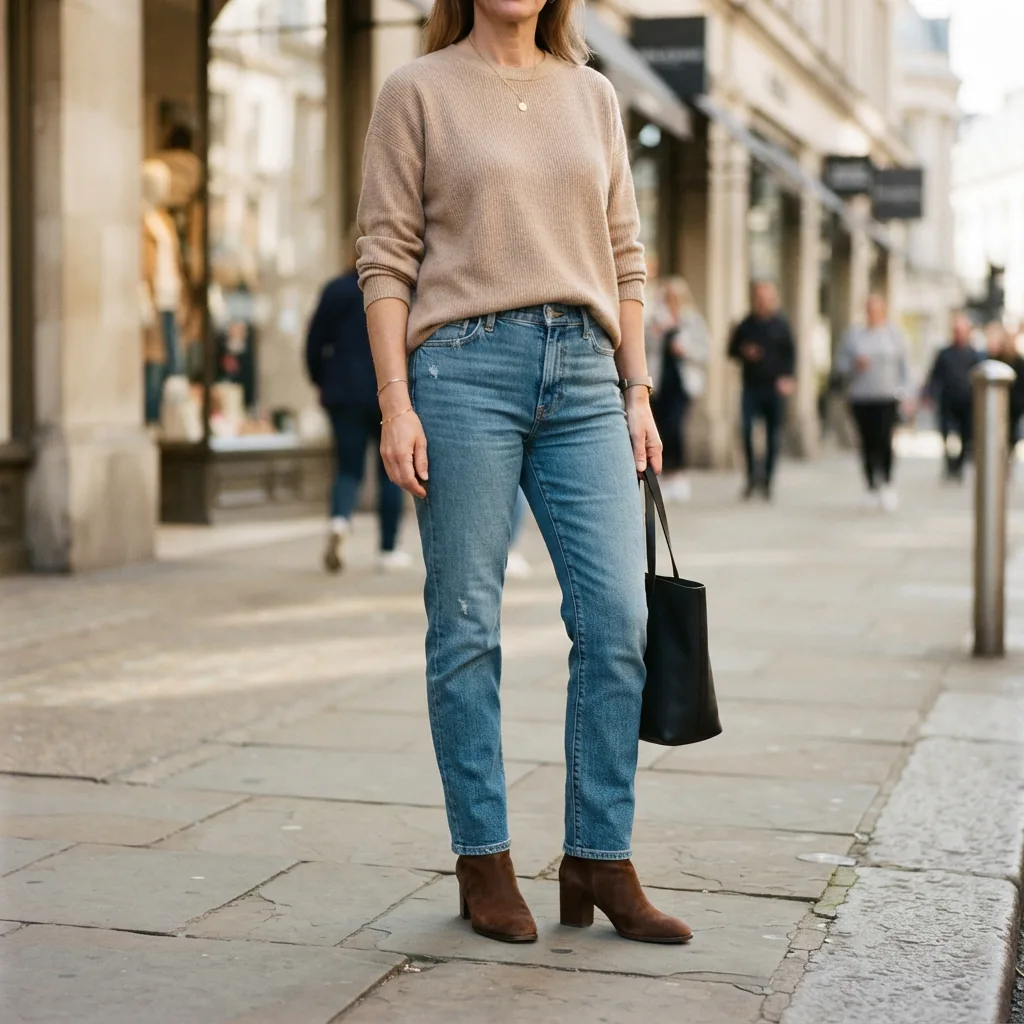 Person in jeans and moderate high heels standing on a city sidewalk