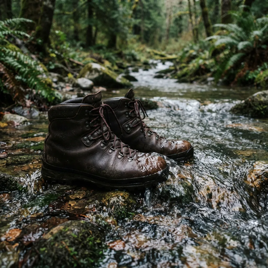 Pair of waterproof hiking boots standing in a shallow forest stream