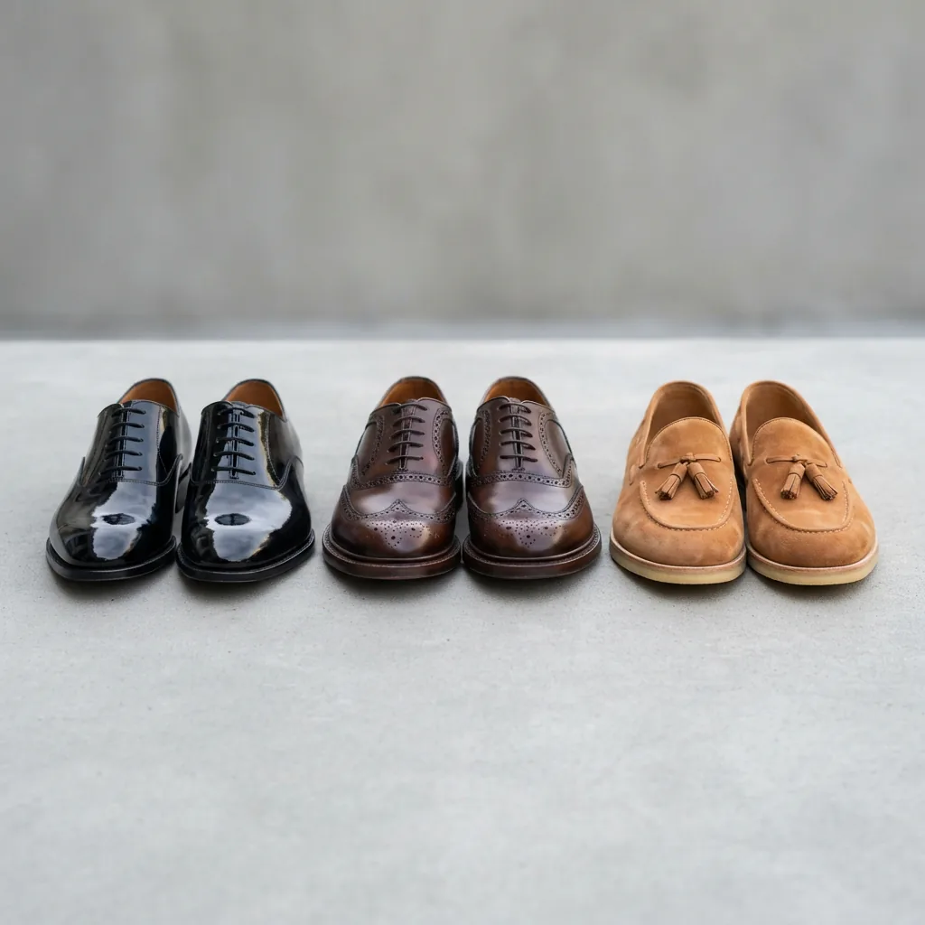 Three dress shoes representing formal, semi-formal and casual codes on a neutral background