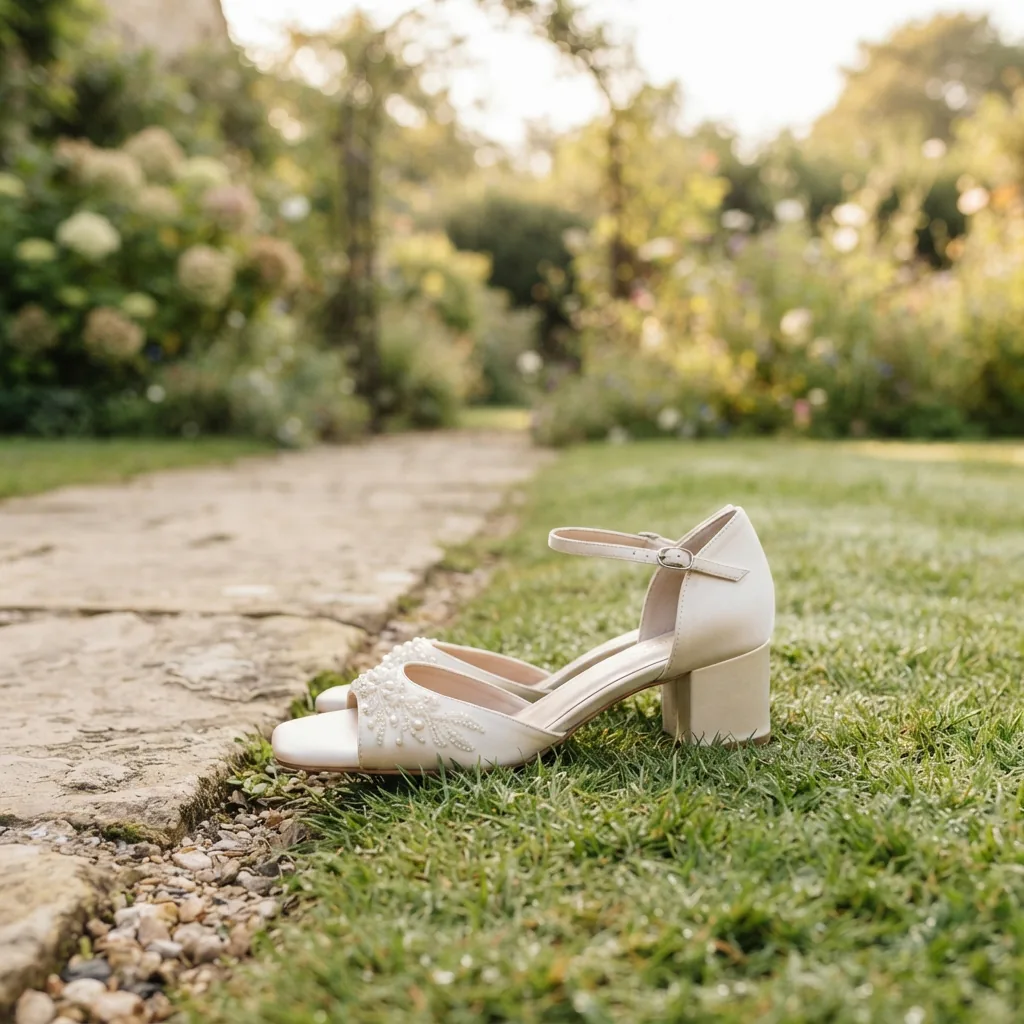Low block-heel wedding shoe resting on an outdoor lawn beside a pathway