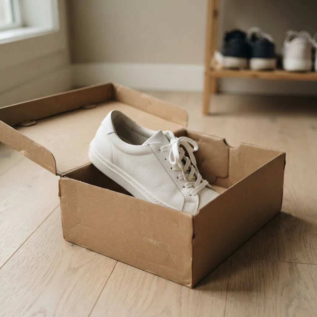 Open shoe box with a new women's sneaker beside a simple closet shelf
