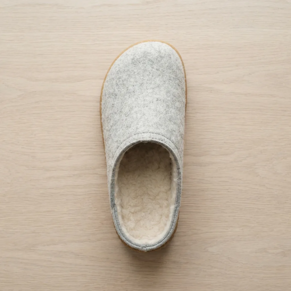 A roomy slipper photographed from above with visible space around the toe area