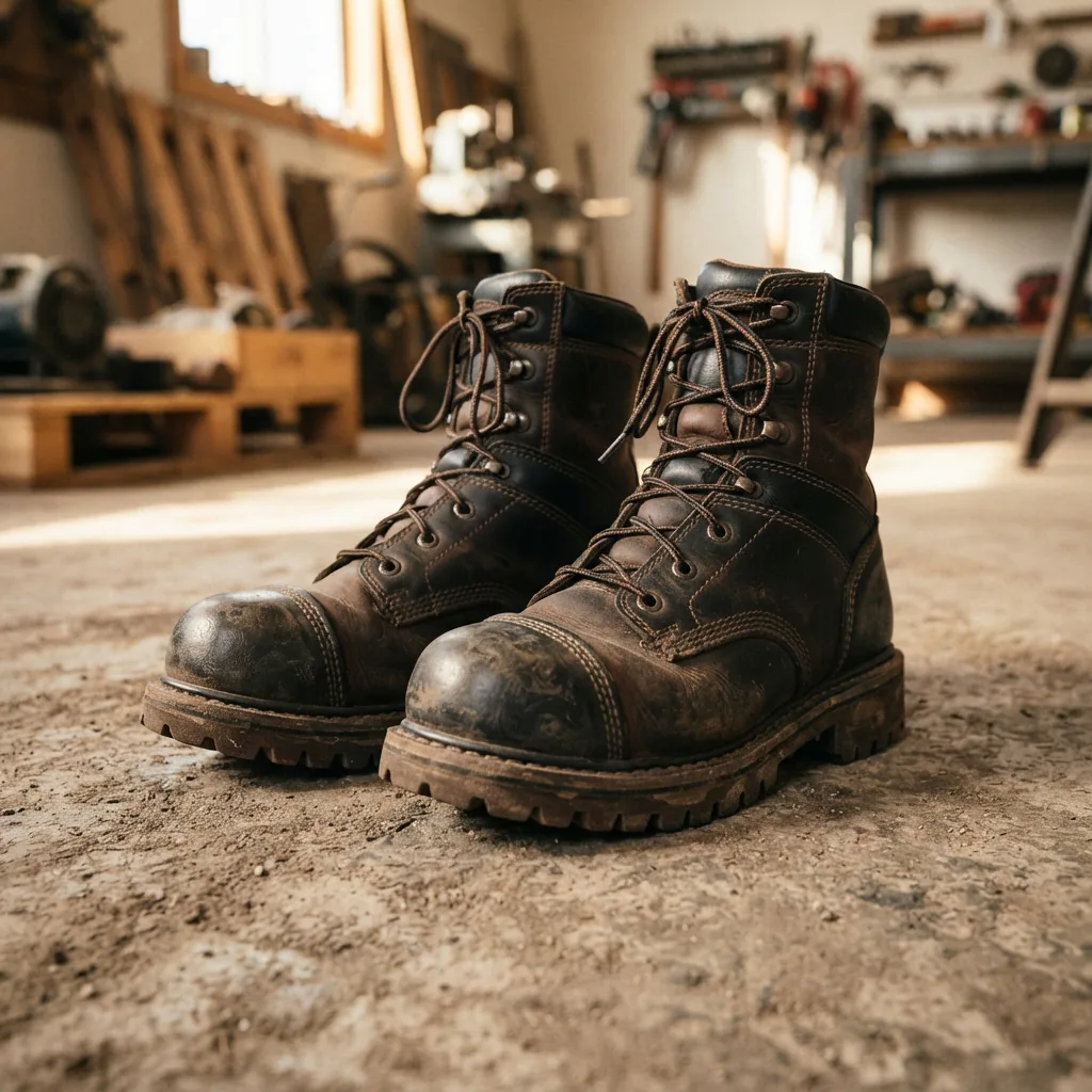 Pair of black and brown steel toe work boots with rugged outsoles on dusty concrete