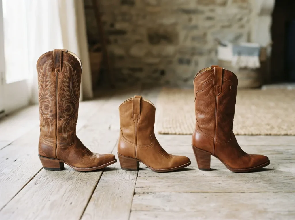 Three women's cowboy boots of different heights and heel styles lined up on a light surface