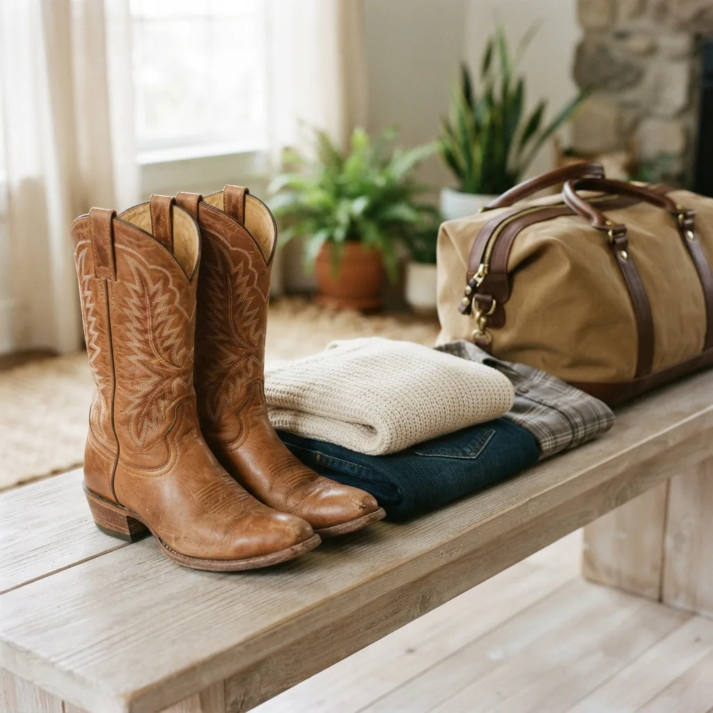Women's tan western cowboy boots packed beside folded outfits and a weekender bag