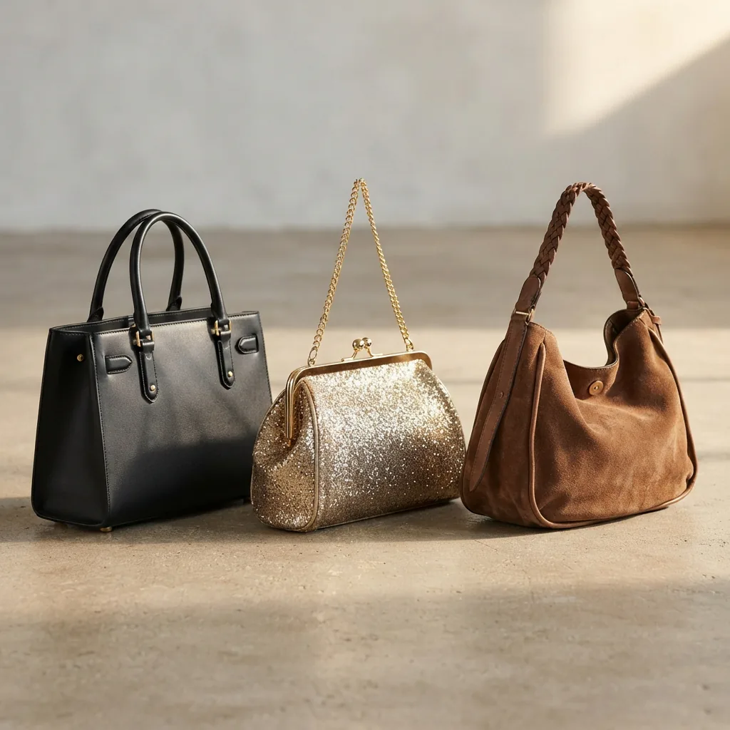 Structured work tote, evening satchel and casual hobo bag styled together for three different occasions