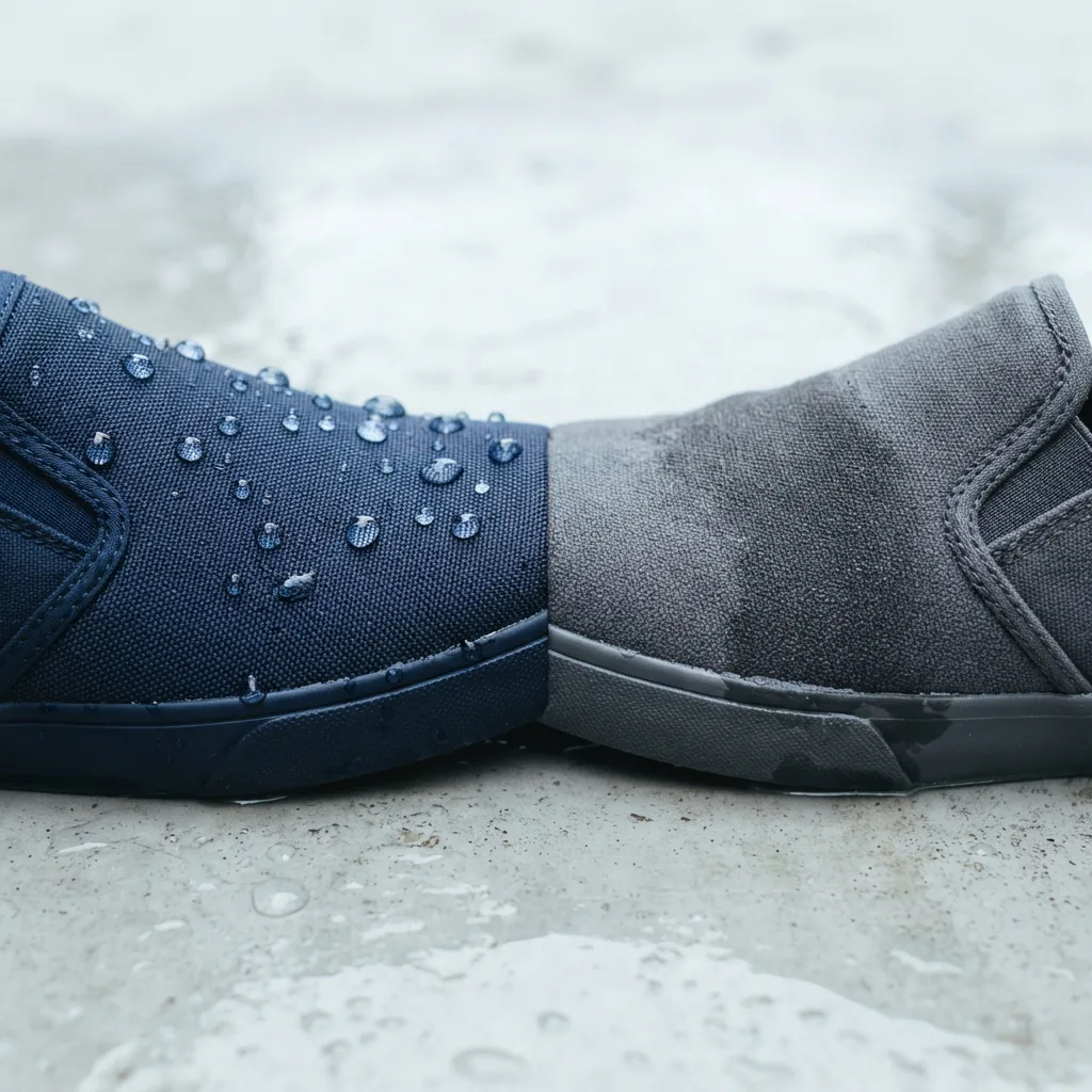 Water droplets beading on a slip-on upper beside a plain canvas slip-on on a wet-look surface