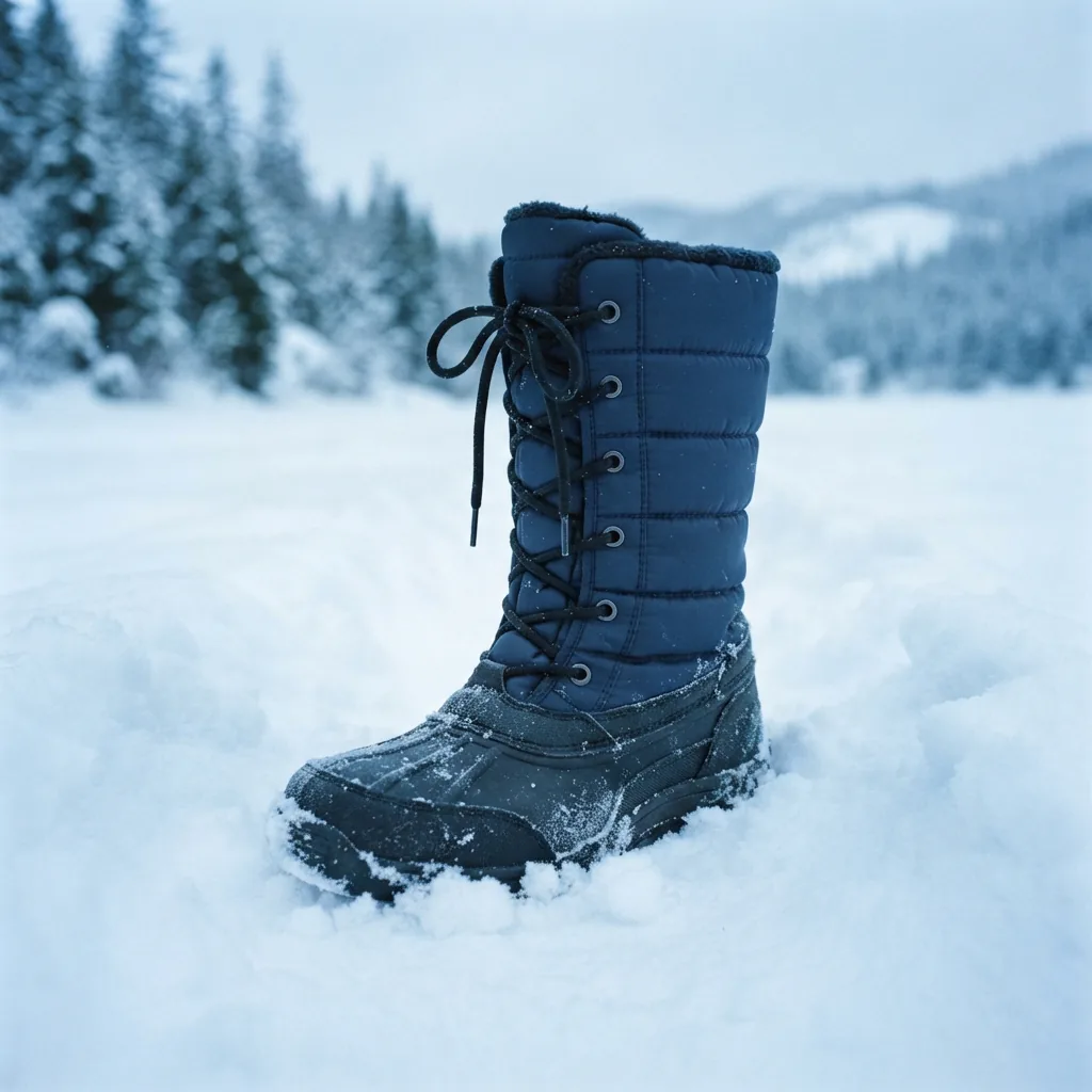 Tall insulated winter boot standing in deep fresh snow