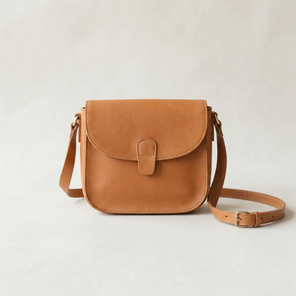 American Leather Co. leather crossbody bag on a pale surface
