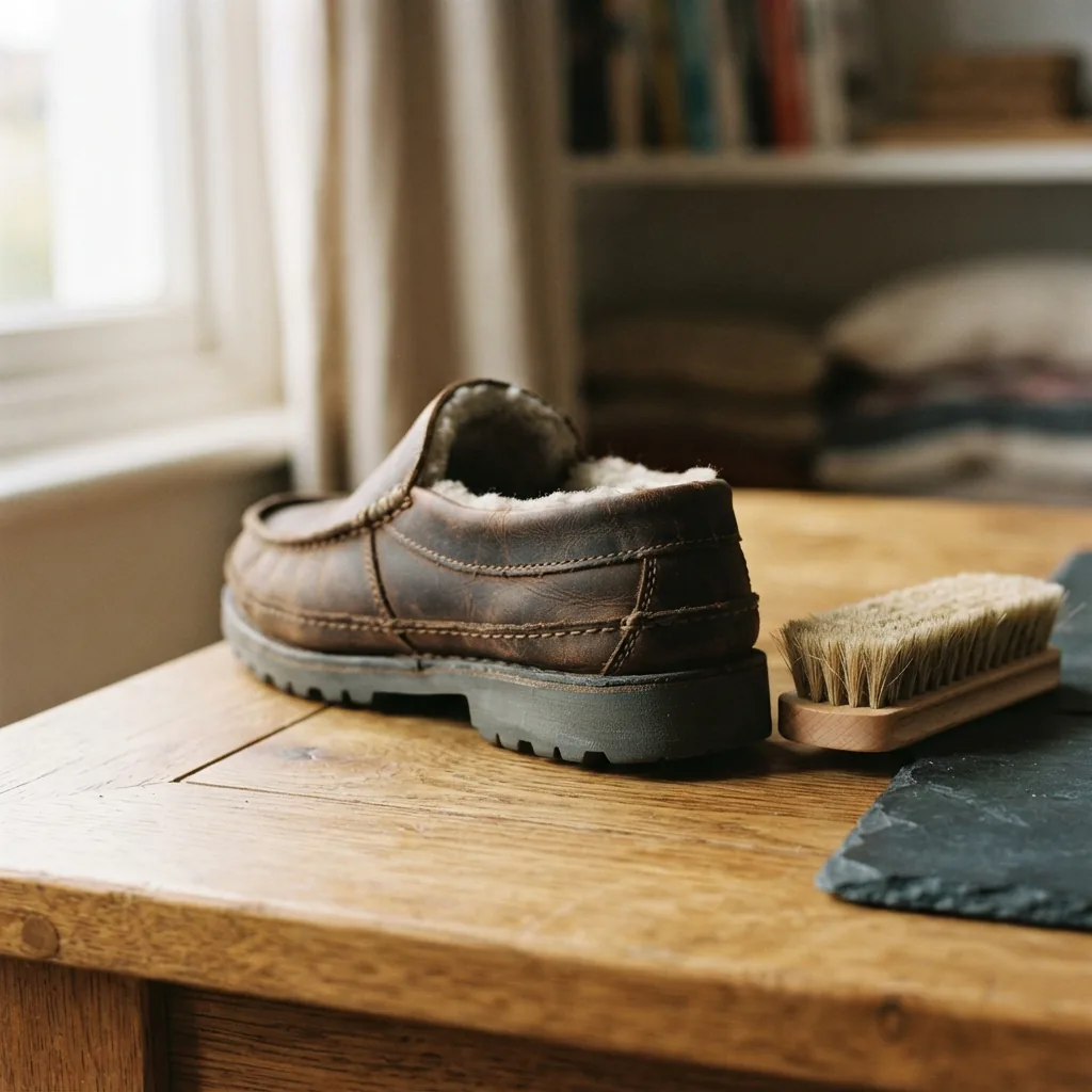 A sturdy slipper on a wooden table with a soft care brush resting beside it