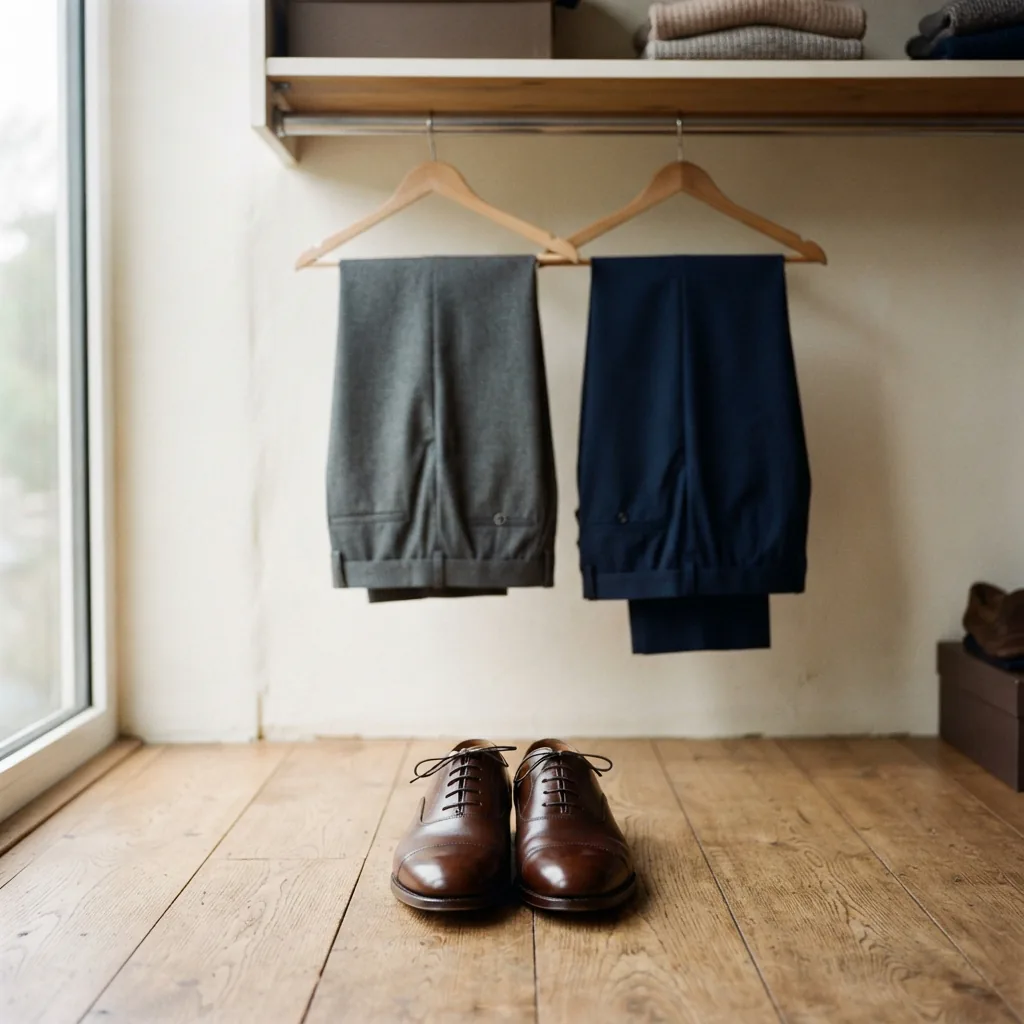 Brown men's dress shoes on the floor beneath a rail of tailored trousers.