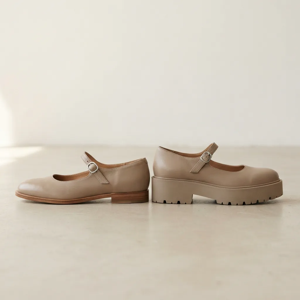 One flat shoe and one platform shoe of similar color standing side by side on a light surface