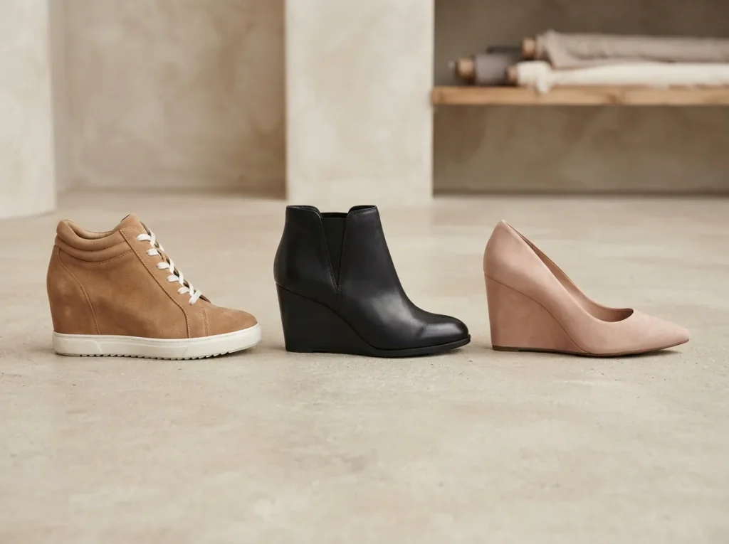 Three women's wedge shoes representing sneaker, bootie and pump styles on a pale surface