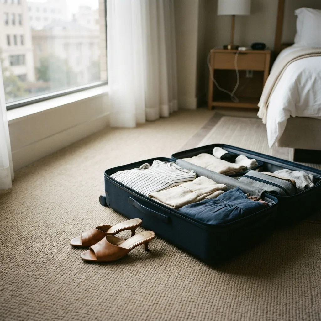 A pair of slip-on kitten heels on a hotel room floor next to an open suitcase