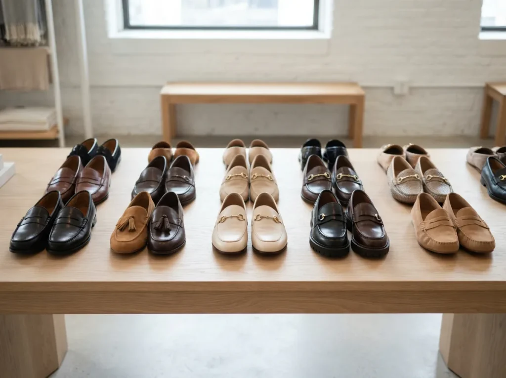 Assortment of women's loafers grouped by style on a long pale table