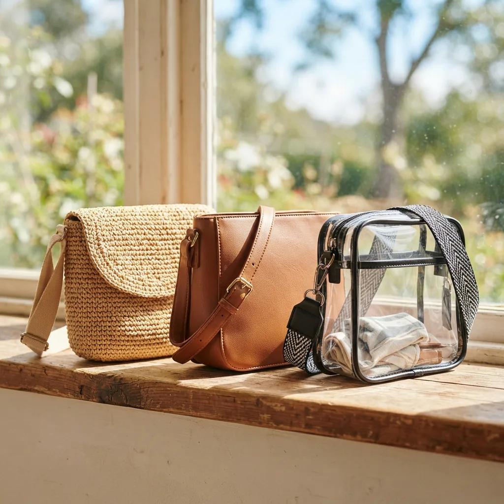 Woven straw crossbody bag, smooth vegan leather crossbody bag and clear panel crossbody bag grouped on a sunny windowsill.