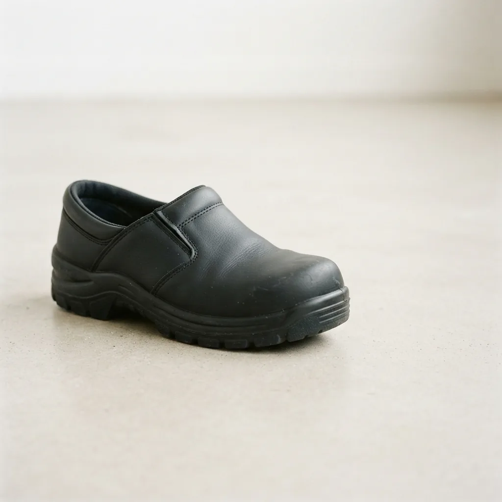 Closed-toe work clog with a thick sole on a pale studio floor